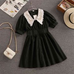 French Vintage Bubble Sleeve Black Dress Women Fashion Elegant Lace Peter Pan Collar Mini Korean Chic Vestidos 210514