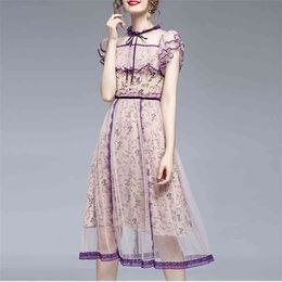 Arrival Fashion Ruffled Mesh Dress Women Summer Lace Hollow Out Patchwork es Vintage Elegant Mid-calf Vestidos 210520