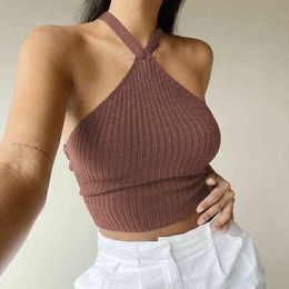 Brown Knit Halter Crop Tops For Girls Sexy Woman Backless Summer Clothes For Women Bandage Tank Camis Basic Corset Female 210415