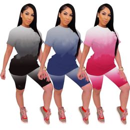 Wholesale Womens Gradient Tracksuits Sportswear two Pieces Set Summer Women Clothes Short Sleeve Shorts Outfits Top Ladies Pants Suits 2021 Type Selling klw6550