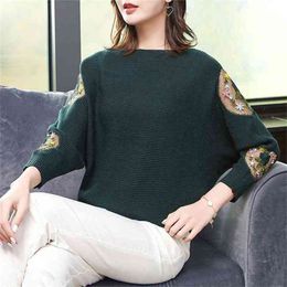 Bat Sleeve Round Neck Stitching Sweater Female Plus Size Lace Retro Ethnic Style Long Bottoming Women Spring 210427