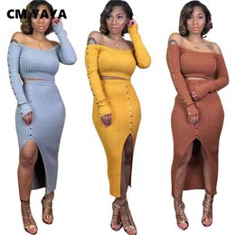 CM.YAYA Streetwear Knitted Button Splicing Women's Set Off Shoulder Crop Tops Maxi Midi Skirts Set Tracksuit Two Piece Outfit 210330