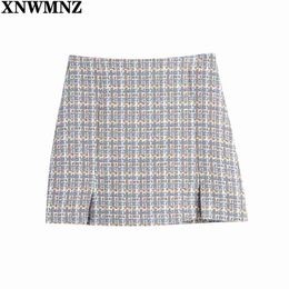 Fashion Plaid Front Slits Tweed Mini Skirt Women Vintage Chic High Waist Side Zipper Female Skirts Harajuku Mujer 210520