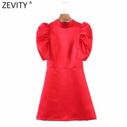 Women High Street Pleated Puff Sleeve Solid Mini Dress Female Back Zipper A Line Vestido Chic Party Dresses DS4823 210420