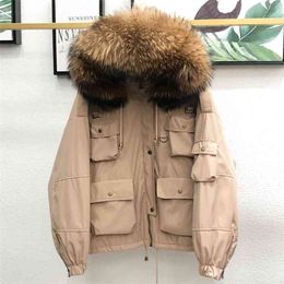 Large Natural Raccoon Fur Women Down Coat Winter Thick 90% White Duck Parka Female Hooded Short Jacket Loose Outerwear 210923