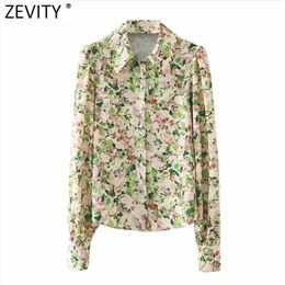 Women Sweet Floral Print Breasted Casual Smock Blouse Office Lady Puff Sleeve Business Shirt Chic Blusas Tops LS7513 210420