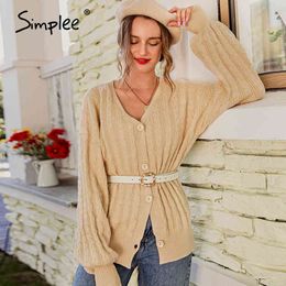 Casual v-neck knitted women Long sleeve single-breasted sweater cardigan Green autumn ladies sweaters tops 210414