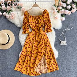 Neploe Square Collar Sexy Clavicle Exposed Dress Women Vintage Print Holiday Vestidos Summer Short Sleeve High Waist Hip Robe 210423