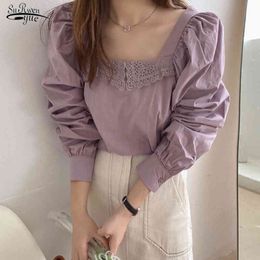 Gentle Purple Solid Cotton Retro Blouse Women French Vintage Lace Stitched Square Collar Bubble Long Sleeve Shirt Blusas 14304 210521