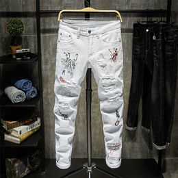 Fashion Trendy Embroidery letters Men College Boys Skinny Runway Zipper Denim Pants Destroyed Ripped Jeans Black White 211108