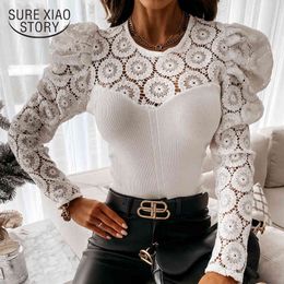 Solid Colour V-Neck Lace Bottom Shirt Hollow Out Long Sleeve Cotton Blouse Women White Female Clothing Blusas 13191 210415