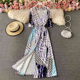 Summer Style and Elegance Maxi Vestidos Women's V-neck Lace-up Waist Split Print One-piece Wrap Dress C655 210506