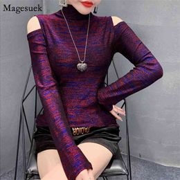 Fashion Off Shoulder Women Blouses Casual Office Tops Shiny Streetwear Long Sleeve Shirt Blusas 11370 210512
