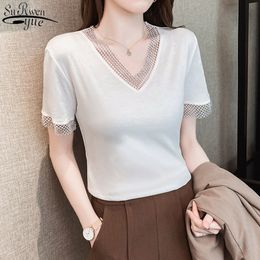 Korean Clothes Women Short Sleeve Shirts Summer Bottom V-neck Fashion Cotton Blouse Loose White Mesh Top 13592 210427