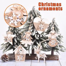 Christmas Decorations Wooden Ornament Button & Burlap Design Xmas Tree Hanging Tags Decor Seasonal Pendant For Party Home