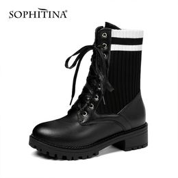 SOPHITINA Women's Ankle Boots Autumn Winter Lace Up Black Classic Elastic Bootie Shoes For Women PO762 210513