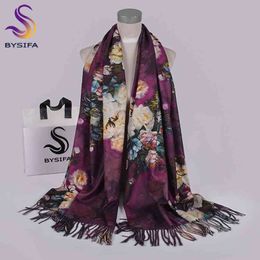 [BYSIFA] Purple Roses Women Shawl For WInter Design Warm Long Cashmere Pashmina Double Faces Ladies Scarves Wraps