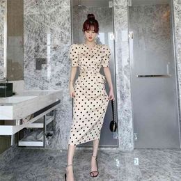 summer temperament bubble sleeve polka dot silk satin waist slimming dress Office Lady Knee-Length 210416