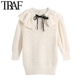 TRAF Women Fashion With Faux Pearls Knitted Sweater Vintage Bow Tie O Neck Puff Sleeve Female Pullovers Chic Tops 210415