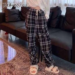 Vintage Plaid Casual Pants For Women High Waist Lace Up Hit Colour Loose Wide Leg Trousers Female Fashion Fall 210521