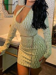 Casual Dresses Simenual Printing Bandage Halter Cut Out Bodycon Dress Green Club Birthday Outfit Tight One Piece Sexy Streetwear Mini