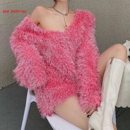 Clubwear Sexy Off-shoulder Lace Up Furry Pullovers Autunmn Elegant Black Sweater Korean Casual Loose Plush Tops Women's Sweaters