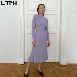 Autumn arrival fashion Simple Solid Colour women dress vintage England Style Backless long sleeve dresses 210427