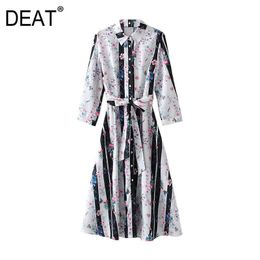 [DEAT] Women Summer Fashion Single-breasted Turn-down Collar High Waist Knee-length Printing Elegant Dress 13Q381 210527