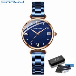 Women Watch CRRJU Fashion Luxury Blue Watch for Women Casual Waterproof Quartz Ladies Stainless Steel Watch relogio feminino 210517