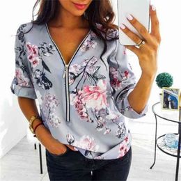 New Fashion Fit Zipper V-Neck Shirt S-5XL Plus Size Tops Work Women Blouses Cotton Vintage Floral Print Shirts Dot Mujer Blusas 210401