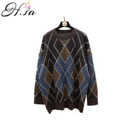 H.SA Women Winter and Pullovers O neck Argyle Pull Jumpers Oversized Vintage Sweater Tops Chic Knitwear Steetwear 210417