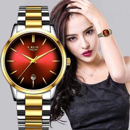 LIGE Women Fashion Red Quartz Watch Lady Stainless Steel Watchband High Quality Casual Waterproof Wristwatch Gift for Wife 210527