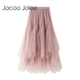 Jocoo Jolee Women Spring Autumn Irregular Gauze Mesh Pleated Long Skirt Kawaii A-Line Solid Elegant Sweet Natural Tutu 210619