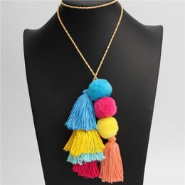 Colorful Hairball Pompones Tassels Pompoms Long Necklace Women Bag Charms Bohemian Car Decoration Poms Accessory Dual Use Pendant Nec