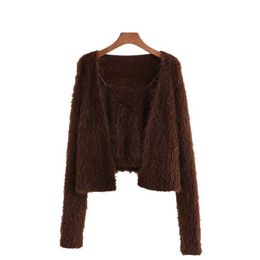 Elegant Women Solid Brown Sweater Fashion Ladies Soft Knitted Tops Streetwear Female Causal Loose Cardigan 210527