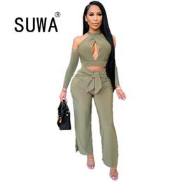 Hollow Out Off Shoulder Bandage Top Tunic Wide Leg Pants Trousers Fashion Two Piece Outfits For Women Matching Sets 210525