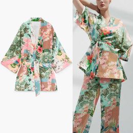 Za Summer Patchwork Print Kimono Blouse Women Elegant Long Sleeve Belt Short Kimono Fashion Side Vents Vintage Woman Top 210602