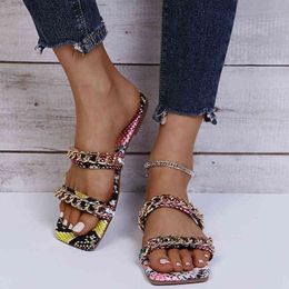 Slippers Women Flats Sandals Summer Snakeskin Chain Pu Leather Designer Slipper Dress Flip Flops Fashion Slides Beach Zapatos220308
