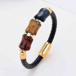 100% Natural Tiger Eye Bracelet Charm Leather Bracelets For Women Stainless Steel Magnetic Clasp Men Jewelry Valentines Day Gift