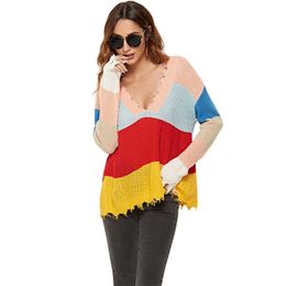 Autumn Fashion Striped Patchwork Color Pullover Women Long Sleeve Deep V-neck Vintage Tops Ladies Casual Pullovers And Sweaters 210608