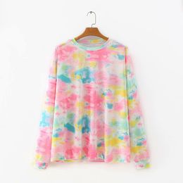 women fashion summer tie-dye colorful o-neck sweatshirts chic lady long sleeve loose pink harajuku style outwear tops 210421
