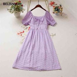 White Purple Elegant Lace Hollow out Midi Dress Vintage Square Collar Mori Girl Party Vestidos Casual Holiday Lady 210520
