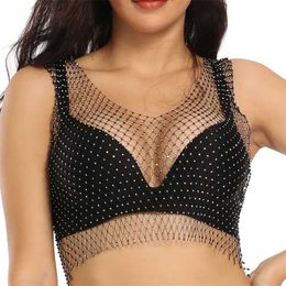 Sexy Underwear Crystal Diamond Women Hollow Out Fishnet V neck t-shirt top vest 211201