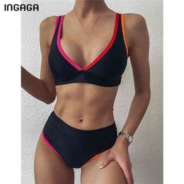 INGAGA Sexy Bikinis Women's Swimsuits Black Swimwear Push Up Biquini High Waist Bathing Suits Brazilian V-neck Beachwear 210702