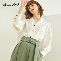 Yitimuceng Long Sleeve Blouse Women Button Up Shirt White Tops Chiffon Office Lady Solid Fashion Items Clothes 210601