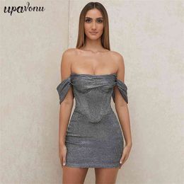 Free Sexy Shiny Dress Women's Card Shoulder Halter Bodycon Celebrity Club Night Party es Vestidos 210524