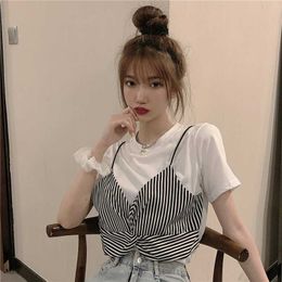 Summer Patchwork Striped Tops & Tees Fashion O Neck Short Sleeve Fake Two Piece Tshirts Women Clothing Casual Harajuku Wild 210610