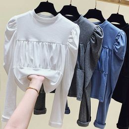 Long Sleeve Short T Shirt Women Winter Tops O-Neck T-Shirt Korean Cotton Tshirt Woman Tee Shirt Femme White Grey 210604