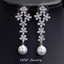 long pearl earrings wedding UK - Romantic Round Cubic Zirconia Pave Setting Long Flower Drop Pearl Earrings For Women Wedding Party Jewelry CZ284 210714