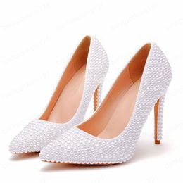 Pointed Toe White Pearl Wedding Shoes Thin Heels Shoes Bridal High Heels Shoes Female Party Pumps